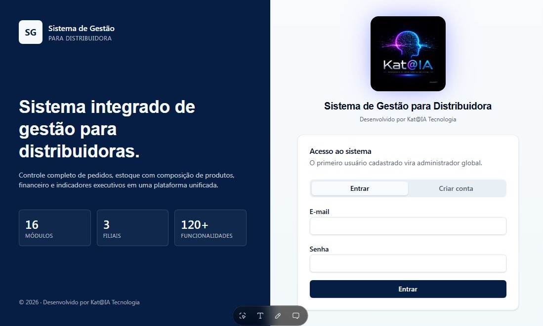 Tela de acesso do sistema de gestão da Kátia — Kat@IA Tecnologia, 16 módulos e 120+ funcionalidades.